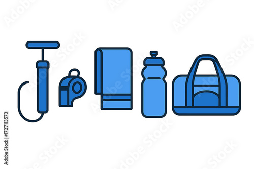 Essential sports equipment set for fitness activities and outdoor adventures in vibrant blue tones