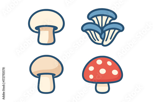 Diverse collection of cartoon mushrooms in different shapes and colors for creative illustration purposes