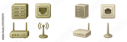 Collection of neutral-colored network and server icons representing connectivity and technology