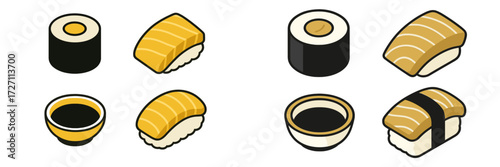 Different types of sushi including rolls and sashimi served with soy sauce in a simple setting