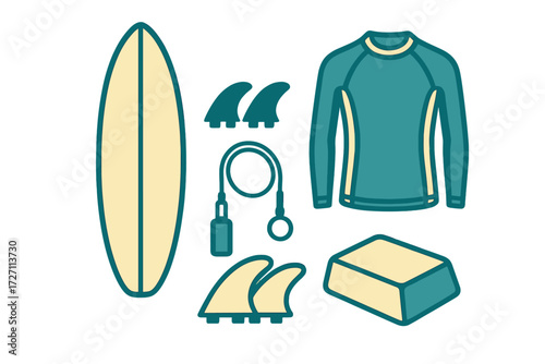 Surfboard gear collection with fins, leash, and rash guard ready for a day at the beach