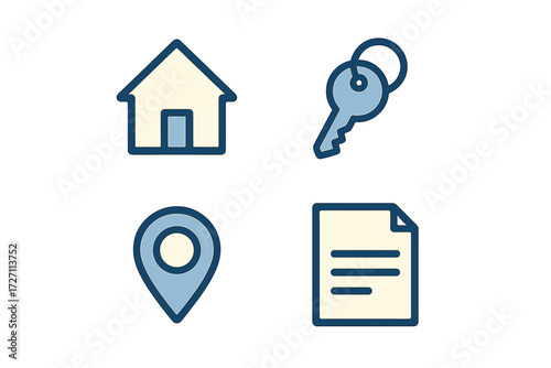 Home key and location icons representing real estate and moving process in a simple design