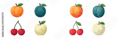 Colorful geometric fruit illustrations featuring oranges, cherries, and apples arranged in a grid pattern