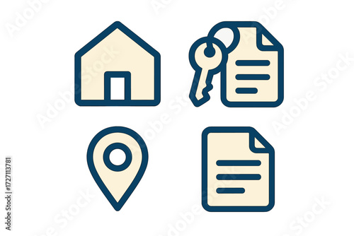 Illustrations of home, key, location marker, and documents representing real estate transactions and ownership