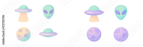 Colorful alien and spaceship illustrations showcasing whimsical designs and playful themes in a bright, imaginative style