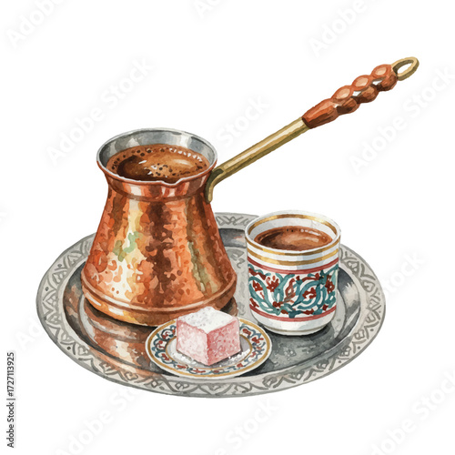 Watercolor Turkish Coffee with Pot Vector Illustration Isolated on White Background, Traditional Hot Drink Clipart for Café, Menu, and Cultural Design