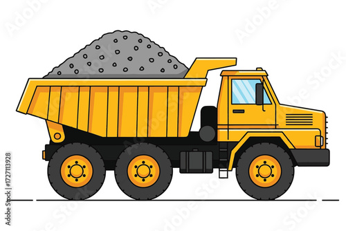 Illustration of a yellow dump truck filled with gravel isolated on white background, ideal for construction, transportation, and industrial themed designs vector