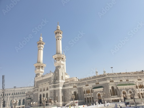 Mecca, Saudi Arabia. Aerial view of Ka'bah Masjidil Haram entrance gate at Holy land with blurred background. Religion building photography concept design at Makkah Al-Mukarramah.