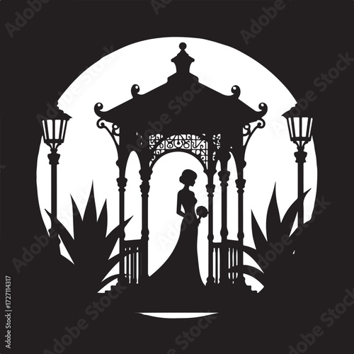 Silhouette bride in gazebo with bouquet and lanterns
