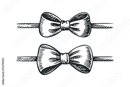 Two Hand Drawn Bows on Ribbon. Vector hand drawn illustration