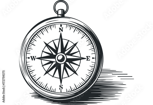 Detailed compass rose on white background. Vector hand drawn illustration