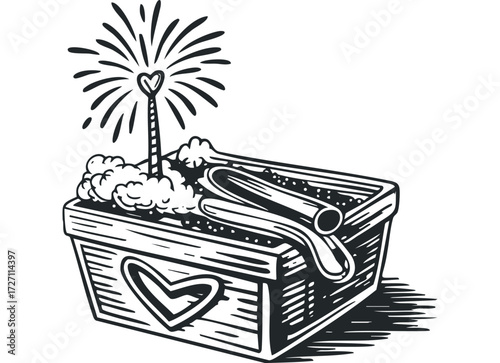 Wooden box with sparkler and heart motif. Vector hand drawn illustration