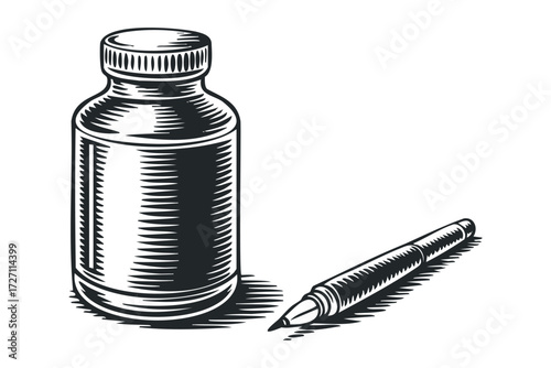 Ink bottle and quill pen. Vector hand drawn illustration