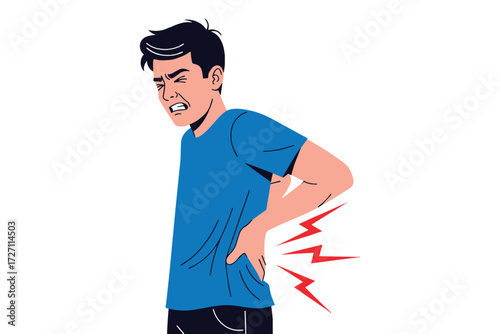 Man experiencing lower back pain isolated on white background, possibly due to strain, injury, or underlying medical condition causing discomfort and limitation vector