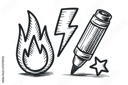 Hand Drawn Fire, Lightning Bolt, Marker Pen, and Star Icons. Vector hand drawn illustration
