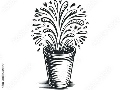 Explosion of hearts and liquid from a drawing cup. Vector hand drawn illustration