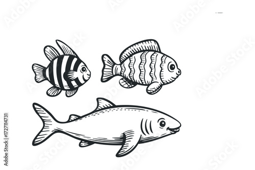 Three outline fish swimming in water. Vector hand drawn illustration