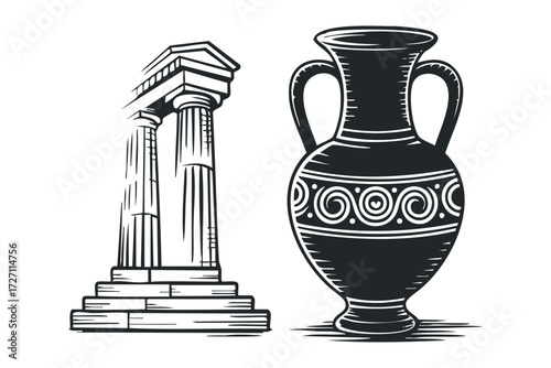 Ancient Greek column fragment and ornate amphora vase. Vector hand drawn illustration