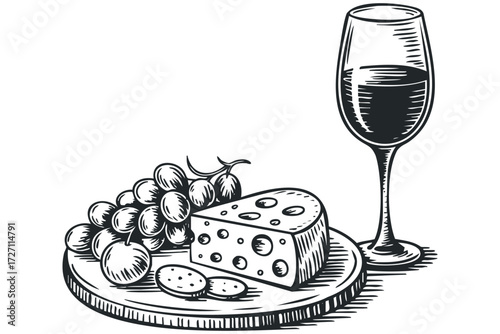 Hand-drawn sketch of wine glass and cheese platter. Vector hand drawn illustration