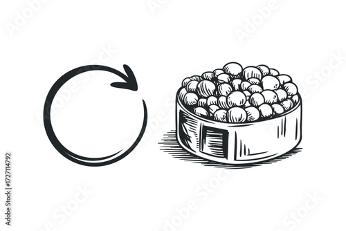 Drawn Caviar Serving and Circular Arrow Symbol. Vector hand drawn illustration