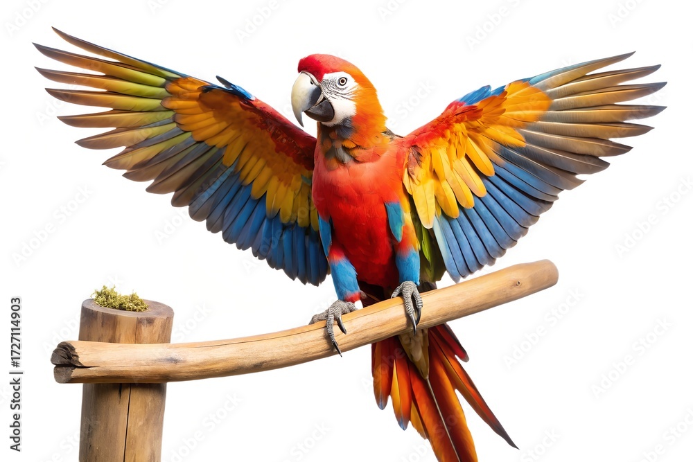 Fototapeta premium Scarlet Macaw Spreading Wings on Perch Isolated on White Background