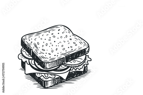 Hand Drawn Sandwich with Toasted Bread and Fresh Ingredients. Vector hand drawn illustration