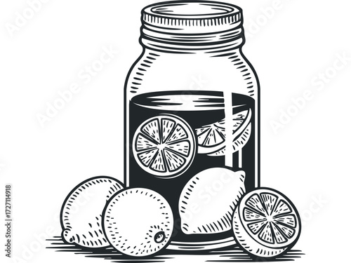 Glass jar with lemons and citrus slices. Vector hand drawn illustration