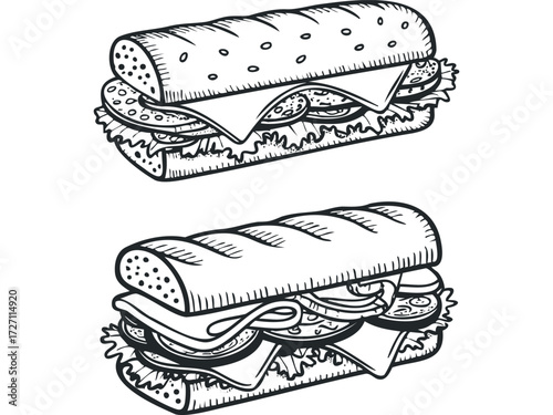 Two Delicious Sub Sandwiches Drawing. Vector hand drawn illustration