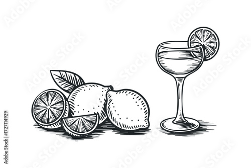 Hand Drawn Cocktail Drink with Fresh Lemons and Slices. Vector hand drawn illustration
