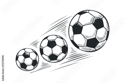 Three soccer balls in motion with motion lines. Vector hand drawn illustration