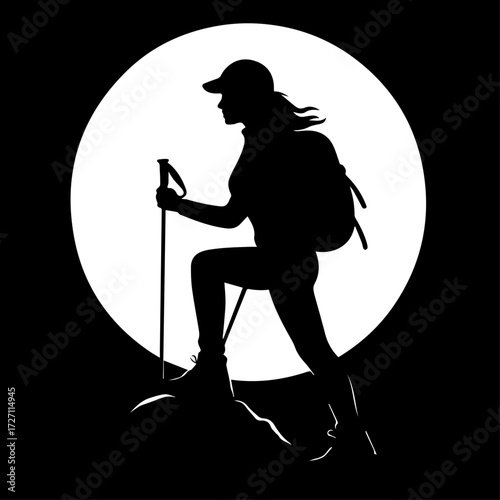 Female Hiker Silhouette Under Full Moon – Minimalist Vector Illustration