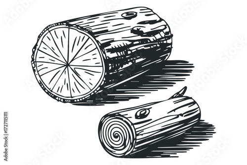 Wood logs sketched with shading and hatching. Vector hand drawn illustration