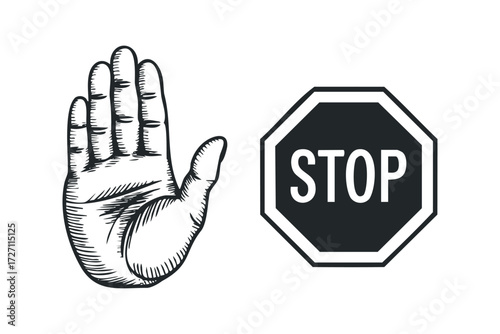Stop hand gesture next to stop sign. Vector hand drawn illustration