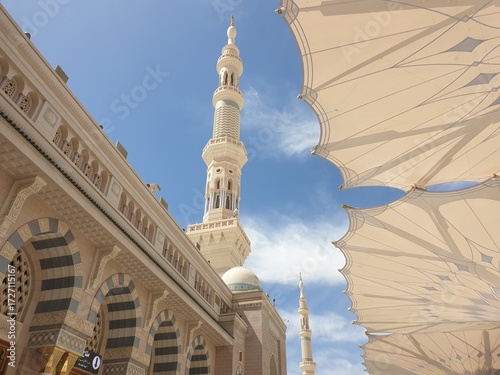 Madina, Saudi Arabia. Aerial view of Masjidil Nabawi at Madinah Al Munawwarah with blurred background. Architecture photography concept design. Prophet Rasul Muhammad SAW Masjid.
