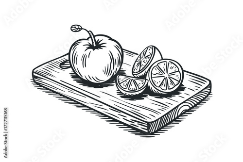 Fresh apple and sliced lemons on cutting board. Vector hand drawn illustration