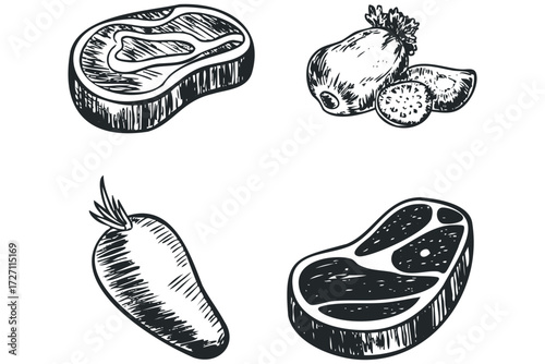 Steak and Root Vegetables Sketch. Vector hand drawn illustration