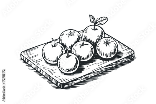 Sketch of Five Apples on a Wooden Cutting Board. Vector hand drawn illustration