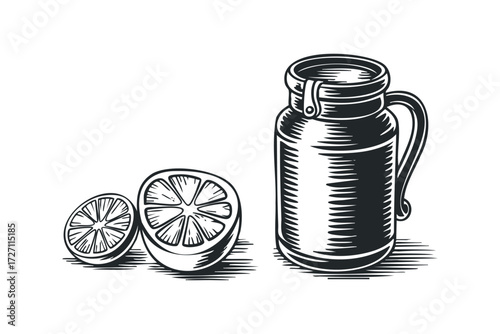 Woodcut style citrus fruit and jug. Vector hand drawn illustration