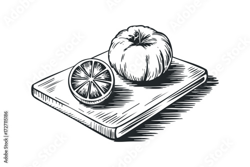 Hand drawn fruit slice and whole on wooden board. Vector hand drawn illustration