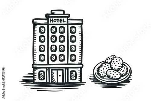 Hand-drawn hotel building with plate of food. Vector hand drawn illustration