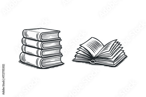Stack of closed books and an open book. Vector hand drawn illustration
