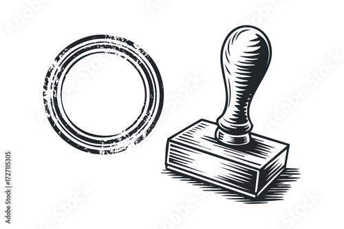 Ink stamp and round seal for official markings. Vector hand drawn illustration