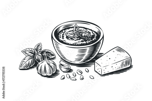 Pesto ingredients in sketch style. Vector hand drawn illustration