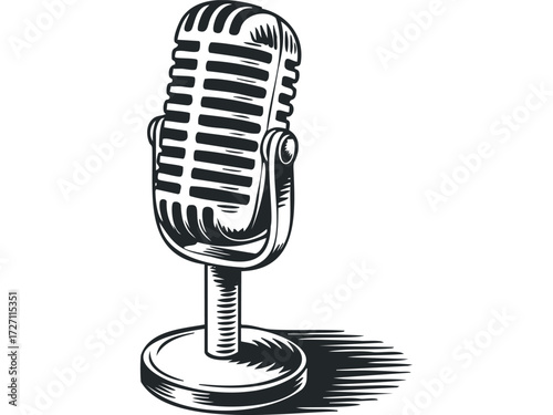 Vintage microphone with radiating sound waves. Vector hand drawn illustration