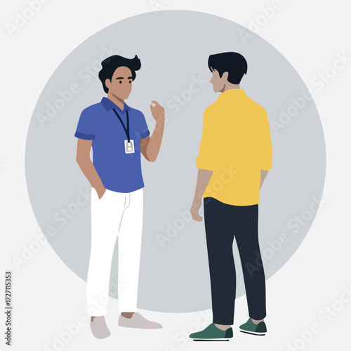 Two men are talking to each other in a casual setting, vector illustration