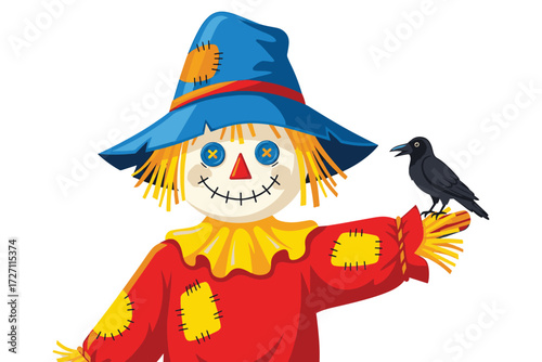 A cheerful scarecrow with a blue hat and a friendly crow isolated on white background, bringing a touch of autumn charm to any project vector