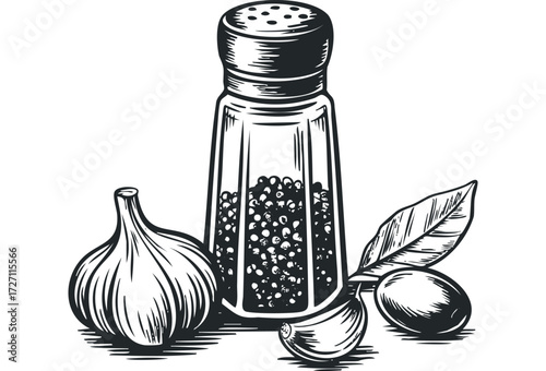 Pepper mill with whole peppercorns and garlic cloves. Vector hand drawn illustration