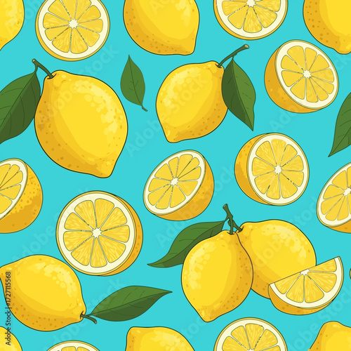 Vibrant seamless pattern of fresh yellow lemons and green leaves on a bright blue background perfect for summer designs