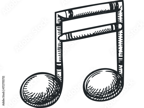 Drawn Musical Eighth Note With Staff. Vector hand drawn illustration