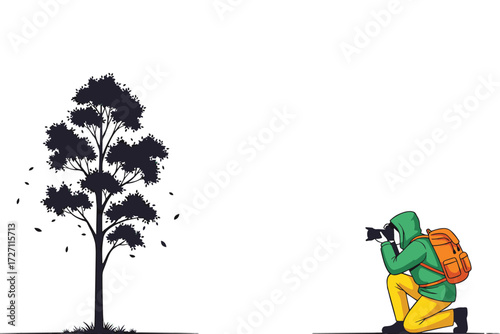 A photographer capturing natures beauty with a tree isolated on white background, symbolizing the art of photography and the wonders of the outdoors vector